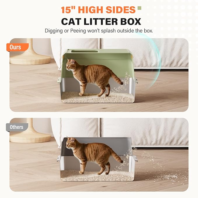 Stainless Steel Cat Litter Box with Scoop, Metal Litter Box High Sided, Cat Litter Box Enclosure, XL Extra Large High-Sided Litter Boxs (Anti-Urine Leakage, Include Scoop) (Green)