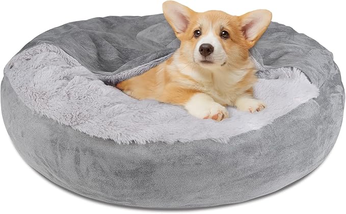 Pet Soft Small Dog & Cat Bed - Round Calming Cuddler with Cover & Cave - Washable for Small, Medium Dogs & Cats (Grey, 27")
