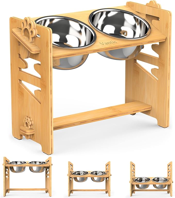 Vantic Elevated Dog Bowls, Adjustable Raised Dog Bowl Stand for Large and XLarge Pet, Sturdy Bamboo Food Feeder with 2 Stainless Steel Dishes, Natural