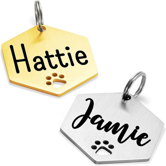 Ultra Joys Personalized Dog Tags - Hollow Paw Custom Pet ID - Engraved Dog Tags for Small, Large Dogs - Large Hexagon in Silver