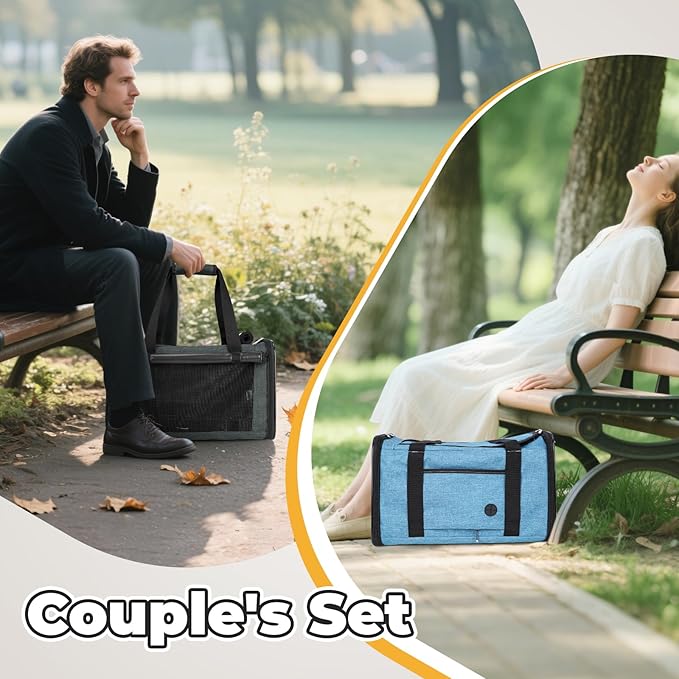 YUDODO 2 Packs 25 lbs Lightproof Soft Sided Pet Carrier for Large Cat & Small Dog Airline Approved Travel Bag Puppy Carriers with Side Pockets & Reflective Mesh, Foldable Portable Lake Blue+Grey Green