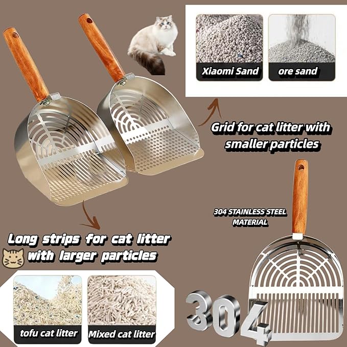 Heavy Duty Aluminum Alloy Cat Litter Scoop with Stand | Beech Wood Grip + Long Handle for Comfort | Deep Sifter for Fast, Efficient Poop/Litter Cleaning | Durable for Litter Box (Black Long Strip)