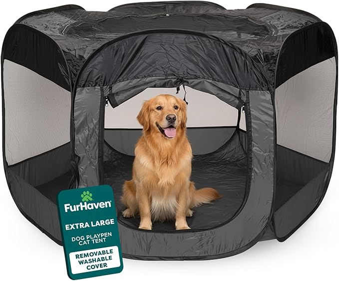FurHaven Portable Pet Playpen for Dogs & Cats, Extra Large Indoor Kitten Playpen with Mesh Sides, Foldable Dog Playpen for Small Dogs, Pop Up Travel Dog Pen, X-Large, Pet Crate with Mesh Sides, Gray