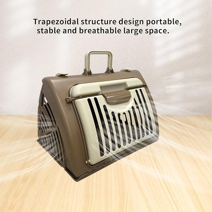 Foldable Travel Cat Carrier, Small Cat Carrier Hard Up to 25lbs, 18" Lx14.5 Wx14 H Front Open Type Plastic Cat Carriers, Beige + Coffee