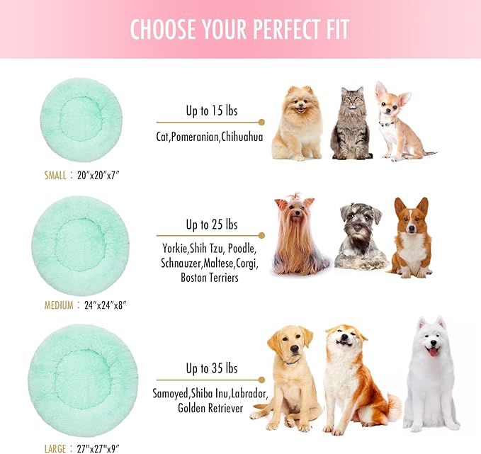 Anti Anxiety Round Fluffy Plush Faux Fur Warm Washable Dog Bed & Cat Bed, Original Bed for Small Medium Large Pets,Used to Relieve Joints and Improve Sleep（20"/24"/27''） (27", Light Green)