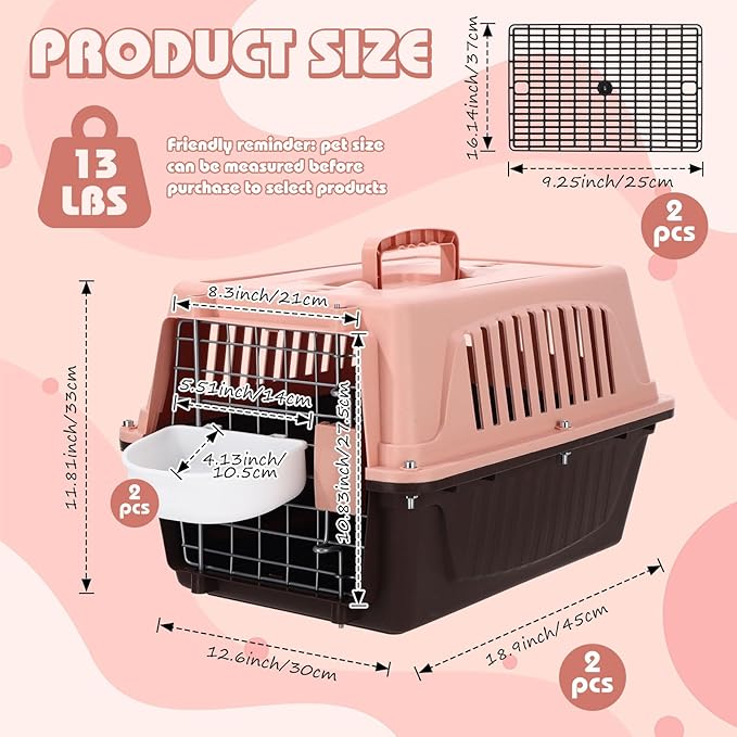 2 Set 18.9" Pet Carrier for Small Cats and Dogs, Hard Sided Plastic Cat Kennel for Pet with Front Door Security Lock Fully Breathable Travel Crate, up to 13 Lbs(Brown,18.9 x 12.6 x 11.8 Inch)