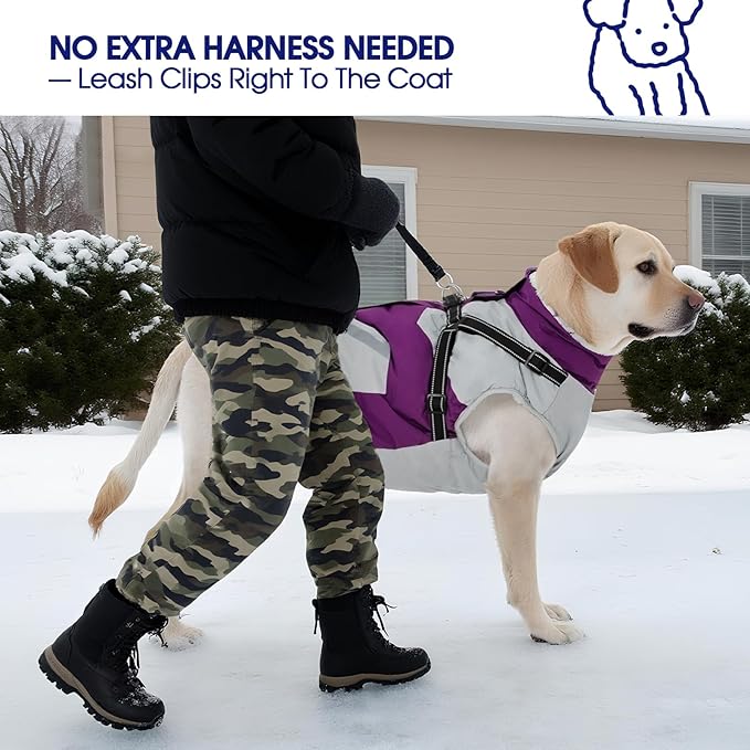 FUAMEY Dog Winter Jackets for Large Dogs,Dog Coat with Harness Built in,Waterproof Dogs Snowsuits Warm Pet Jacket Zip Up Fleece Cold Weather Coats Reflective Puppy Vest with Pocket Purple XL