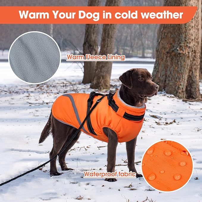 BRKURLEG Dog Winter Jackets for Small Dogs, Dog Coat with Harness Built in, Dogs Snowsuits with Zipper, Waterproof Windproof Pet Puffer Jacket Fleece Vest for Shih Tzu, Maltese, Orange S