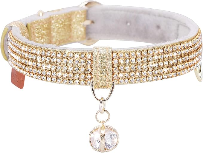 PetsHome Cat Collar, Dog Collar, [Bling Rhinestones] Premium PU Leather with Pendant Adjustable Collars for Small to Medium Dog Medium Gold