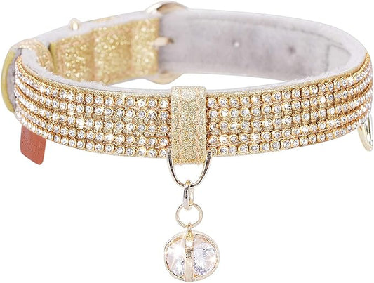 PetsHome Cat Collar, Dog Collar, [Bling Rhinestones] Premium PU Leather with Pendant Adjustable Collars for Small to Medium Dog Medium Gold