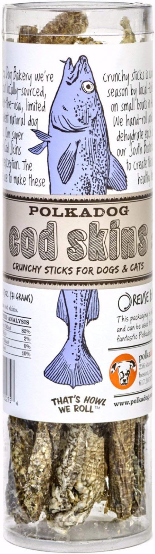 Polkadog Cod Skins for Dogs (2.5oz Regular) - Single Ingredient, Wild-Caught Fish Skin Dog Treats for All Breeds – High in Lean Protein & Omega-3. Hypoallergenic, Grain Free. Handcrafted & Made in USA