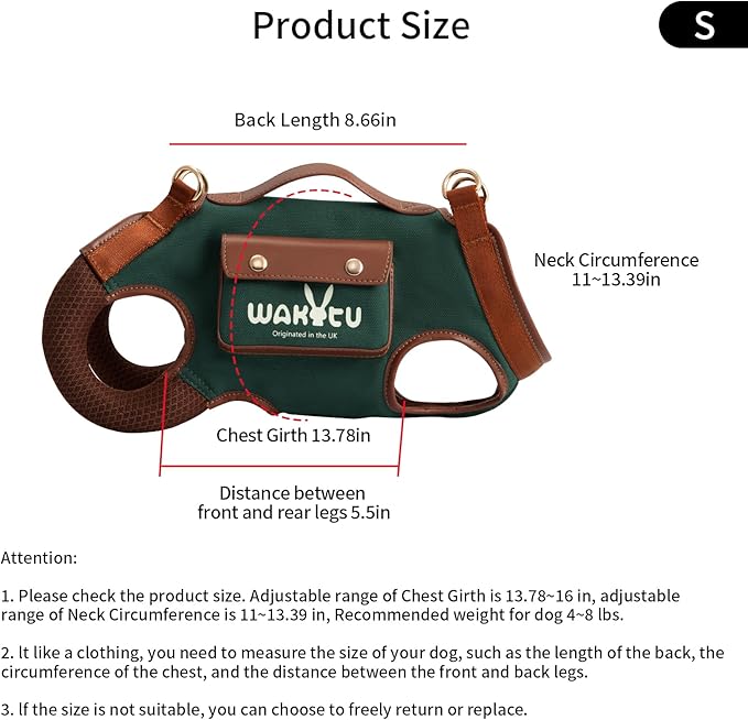 Dog Lift Harness Dog Carrier Dog VES Harness Adjustable Dog Leash with Small Puppy Treat Bag（Green,S）