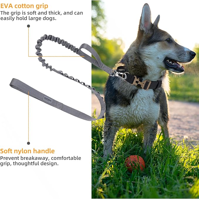 EXCELLENT ELITE SPANKER Tactical Bungee Dog Leash Military Adjustable Dog Leash Quick Release Elastic Leads Rope with 2 Control Handle（Grey