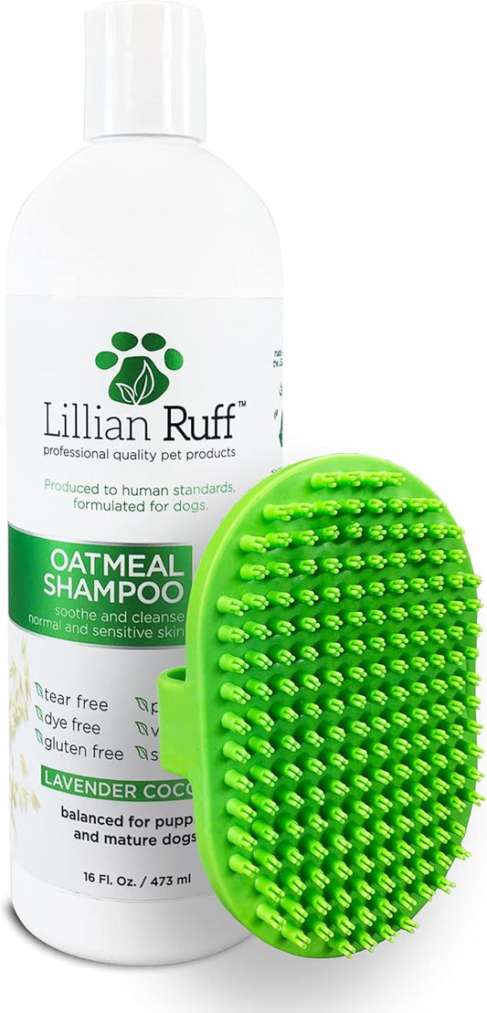 Lillian Ruff PRO Formula Deodorizing Oatmeal Dog Shampoo - Calms Itching & Allergies, Ultra-Nourishing Dry Skin Relief - Oatmeal, Aloe, Coconut Oil, Lavender & Provitamin B5 - Made in USA 16oz+Brush