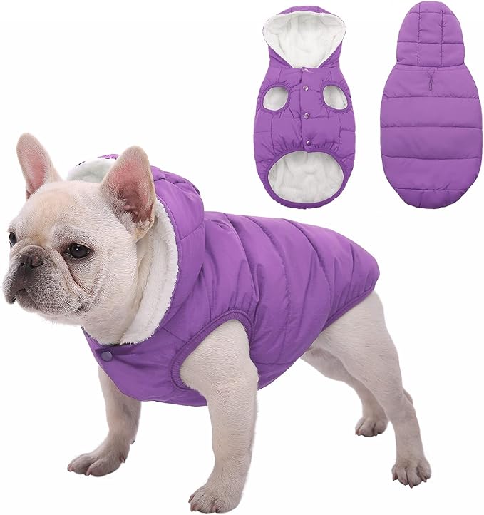 Dog Fleece Hoodie, Windproof Waterproof Dog Coat, Winter Warm DogsJacket, Cold Weather Pet Apparel Clothes Vest for Small Medium(M, Purple)