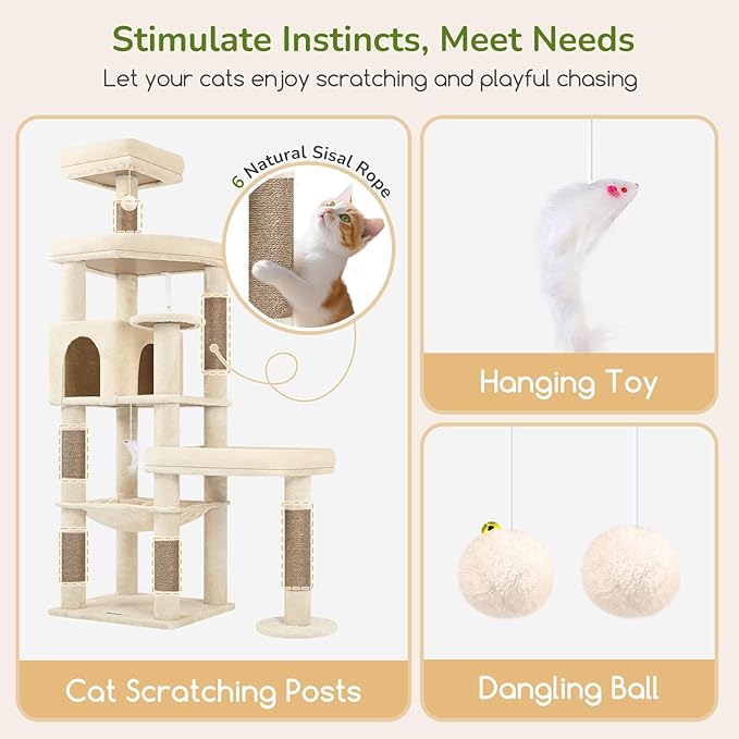 Globlazer Extra Large Platform Cat Tree, 65in Tall Sturdy Cat Tree for Indoor Cats Large Adult, Big Cat Tower for Big Cats with 3 Enlarged Perches, 6 Scratching Posts, Cat Condo, Hammock, S65, Beige