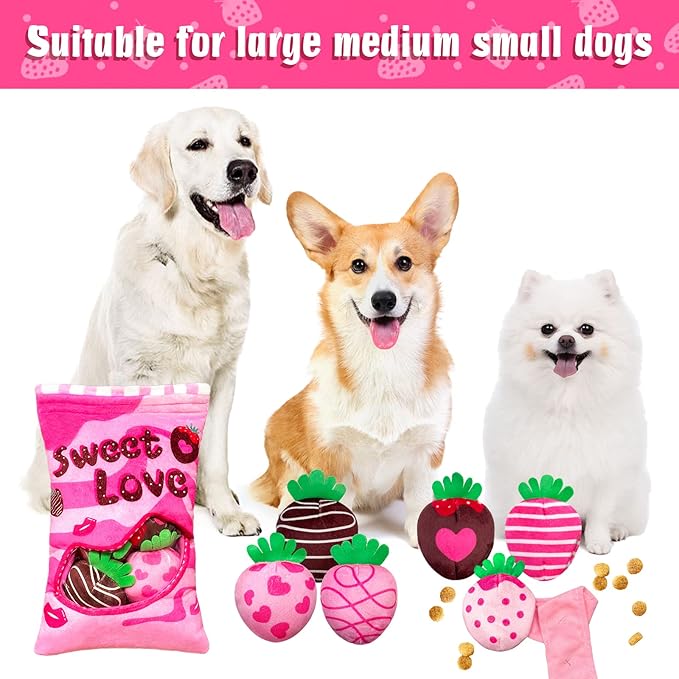 Valentine's Day Dog Toys, Squeaky Hide and Seek Dog Toy, Interactive Puzzle Dog Toys for Boredom and Stimulation, Valentine's Day Dog Gifts for Small and Medium Dogs (Strawberries, Pack of 7)