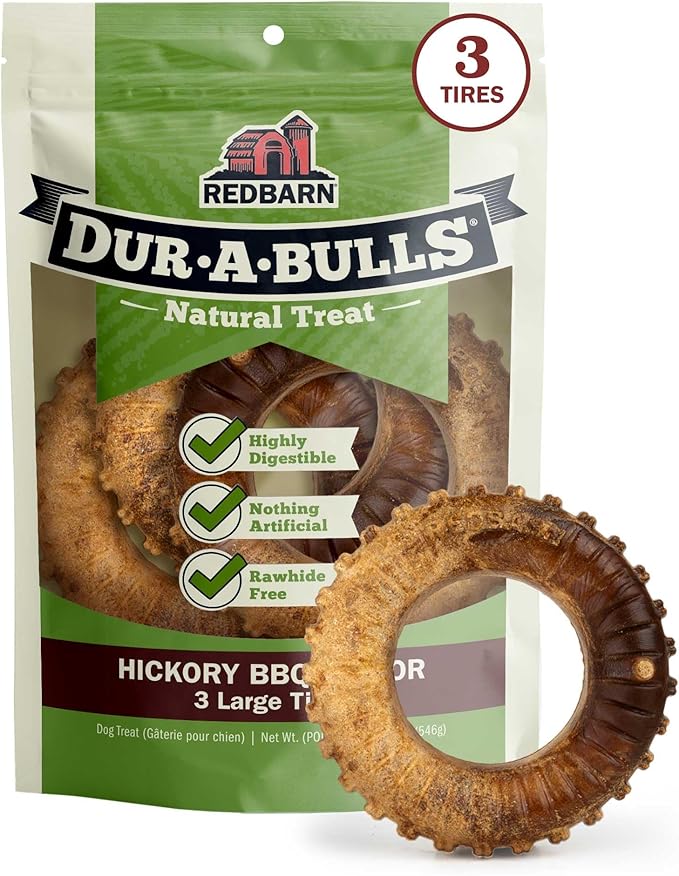 Redbarn Natural Dur-A-Bulls Treats for Dogs - 3 Large Tires - Hickory Flavor - Made in USA Long Lasting 100% Digestible No Artificial Ingredients or Plastic