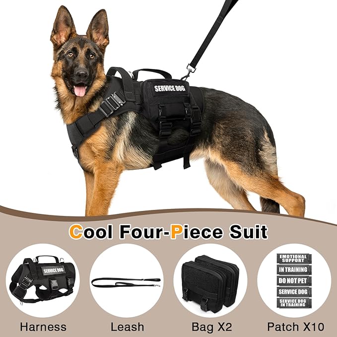 WINSEE Tactical Dog Harness with Dog Leash, Service Working MOLLE Vest with 10 Pet Patches for Medium Dog, No Pull Military Harness and Backpack for Training Hunting Walking