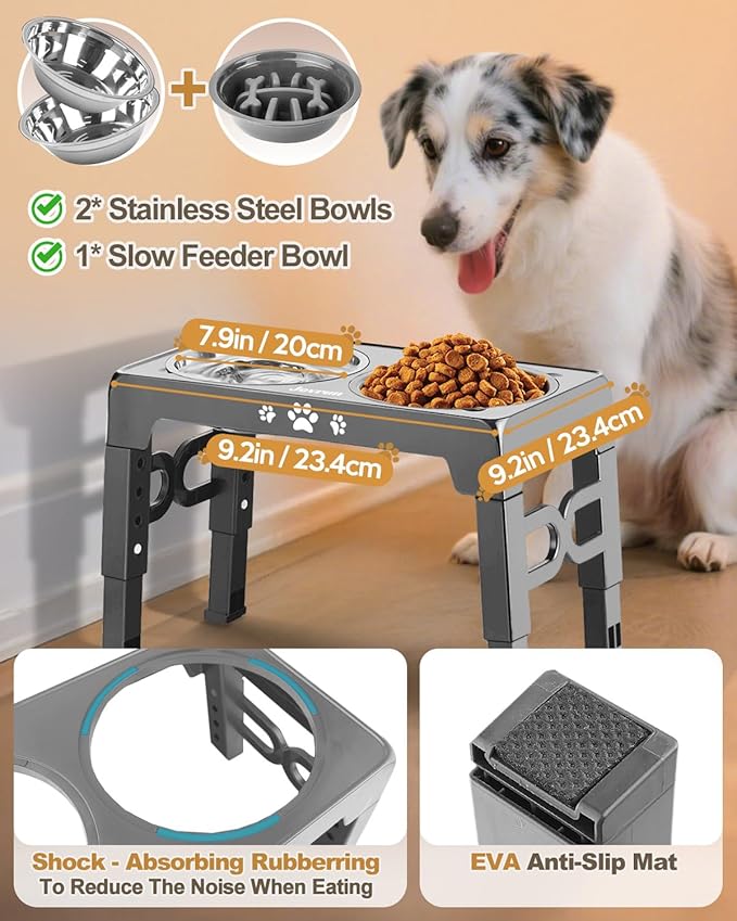 Elevated Dog Bowls, Dog Feeder with 2 Stainless Steel Dishes &1 Slow Feeder Bowl, 5 Heights Adjustable Raised Stand for Medium Large, Food Dishes with Non-Slip Feet