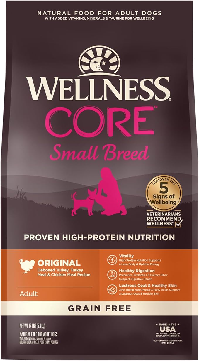 Wellness CORE Natural Grain-Free Small Breed Turkey & Chicken Dry Dog Food for Adult Dogs, High-Protein, USA-Made with Real Meat, 12-Pound Bag
