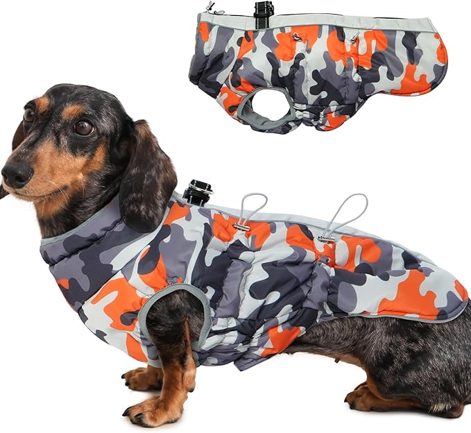 Medium Dog Coat Dog Winter Jacket Warm Dog Coat with Harness Reflective Dog Snow Jacket Water-Resistant Dog Vest Zip Up Snowsuitfor Medium Dogs Jack Russell, Mini Schnauzer Orange-Camouflage