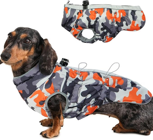 Medium Dog Coat Dog Winter Jacket Warm Dog Coat with Harness Reflective Dog Snow Jacket Water-Resistant Dog Vest Zip Up Snowsuitfor Medium Dogs Jack Russell, Mini Schnauzer Orange-Camouflage