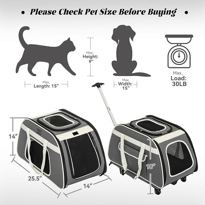 PETSFIT Large Pet Carrier with Wheels Designed for 2 Small Dogs/Multiple Kittens/Medium Dogs with Adjustable Safety Rope & Waterproof Bottom(𝑵𝒐𝒕 𝒂𝒊𝒓𝒍𝒊𝒏𝒆 𝒂𝒑𝒑𝒓𝒐𝒗𝒆𝒅)