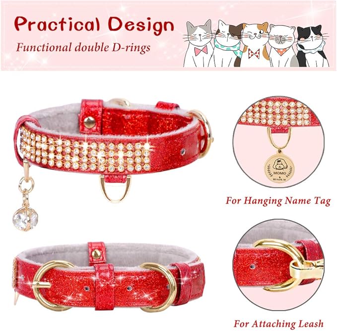 PetsHome Cat Collar, Dog Collar, [Bling Rhinestones] Premium PU Leather with Pendant Adjustable Collars for Cat and Small Dog Extra Small Red