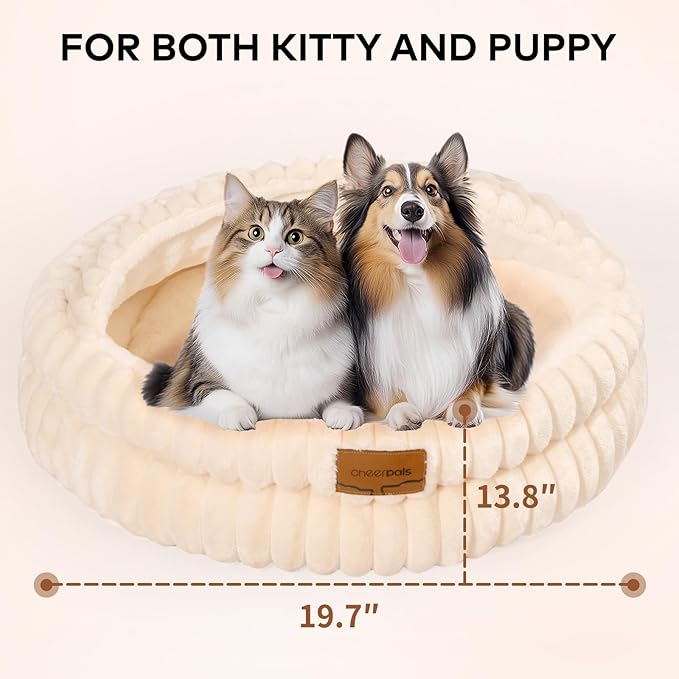 CHEERPALS Cat Bed Cave for Indoor Cats, Washable Round Cat Bed Soft Fluffy Pet Bed for Kitty, Puppy and Small Dog(White)