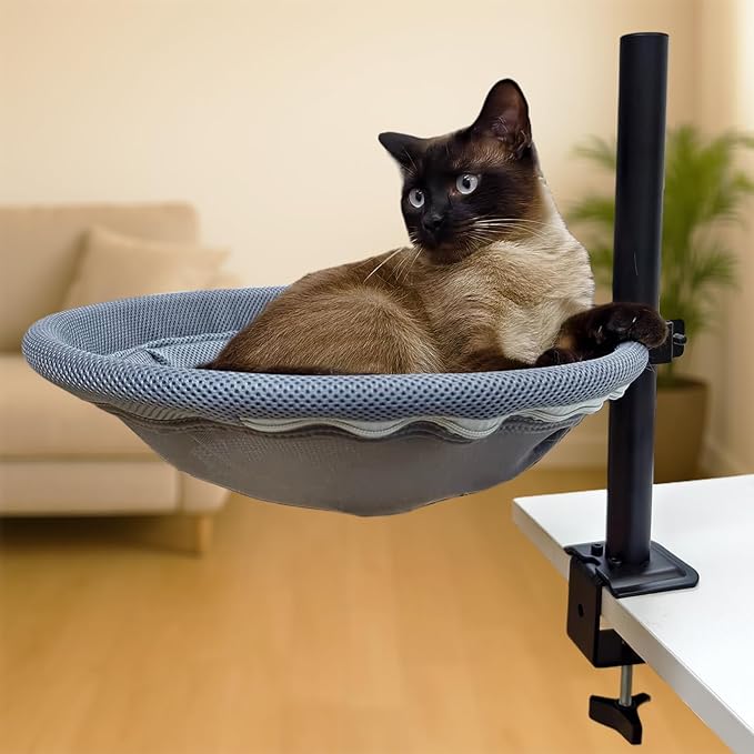 Cat Desk Bed - 360° Rotating & Height Adjustable, Cat Bed for Desk with Hammock, Sturdy Cats Bed for Desk with Removable Washable Cover, Supports Up to 50lbs, Perfect for Indoor Cats, Grey