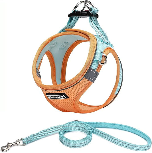 Mercano Soft Mesh Dog Harness and Leash Set, No-Chock Step-in Reflective Breathable Lightweight Easy Walk Vest Harnesses with Safety Buckle for Small Dogs, Cats (XS, Orange Blue)