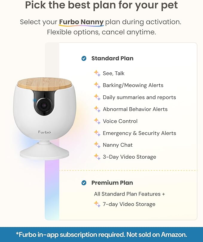 Furbo Mini Pet Camera - Unlock Camera & Smart Features w/Paid Plan: Home Security with Dog & Cat Safety Alerts, 2-Way Audio, Mountable Smart Cam w/Phone App (Subscription Required, 3mo Minimum)