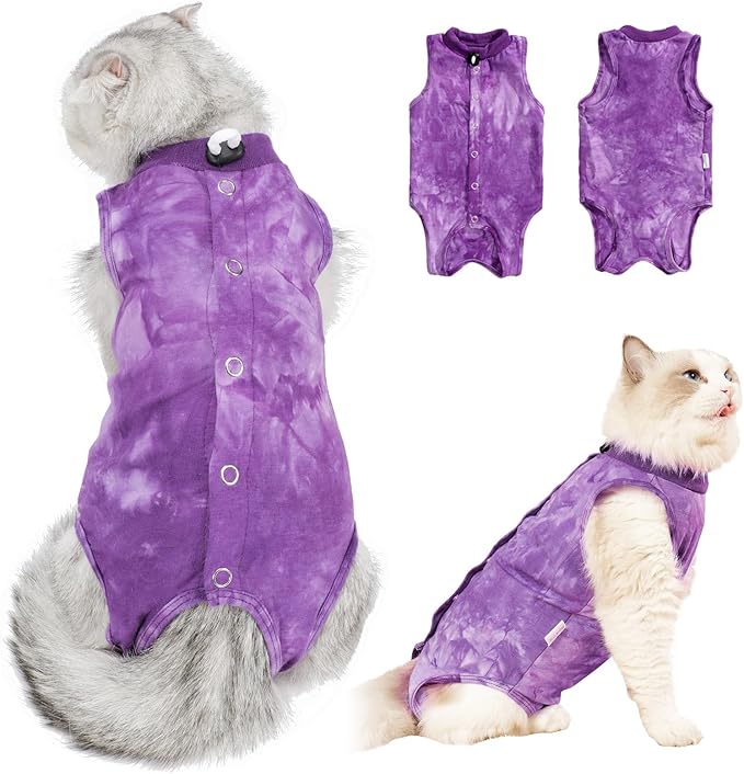 Purrfect Recovery Suit for Cats - Abdominal Wound Protection, Cone Alternative, Purple M