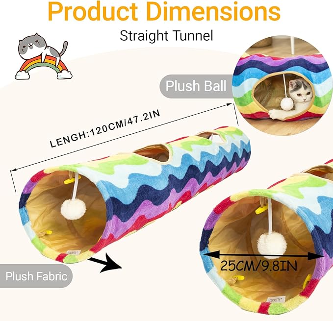 LUCKITTY Cat Tunnel -Straight-Shaped, Rainbow Wave Color, Soft Velvet Exterior, Oxford Fabric Fog-Proof Interior, Plush Toy Ball, Easily Washable, Conveniently Foldable, 47.2in/120cm