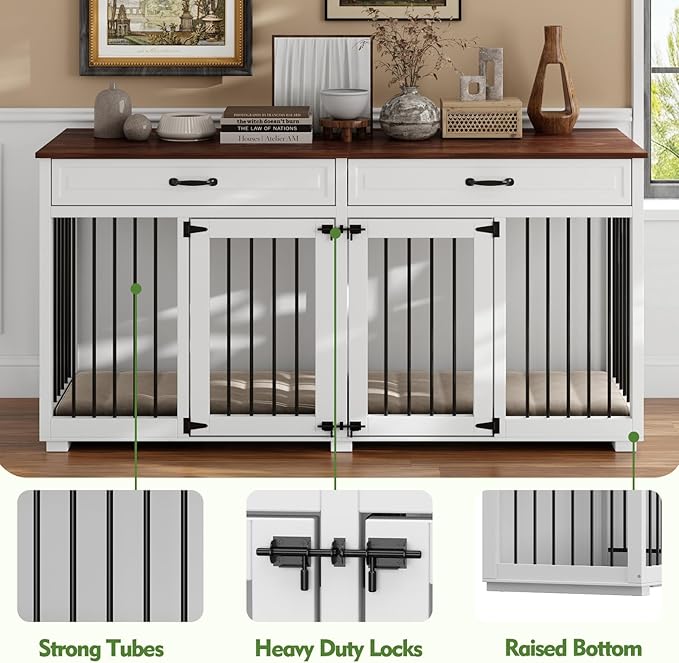 64.6" Furniture Dog Crate, Heavy Duty Wooden Dog Cage Furniture, Indoor Dog Kennel with Drawers & Removable Divider, Luxury Dog House with Double Rooms for Small Medium Breed Dogs, White