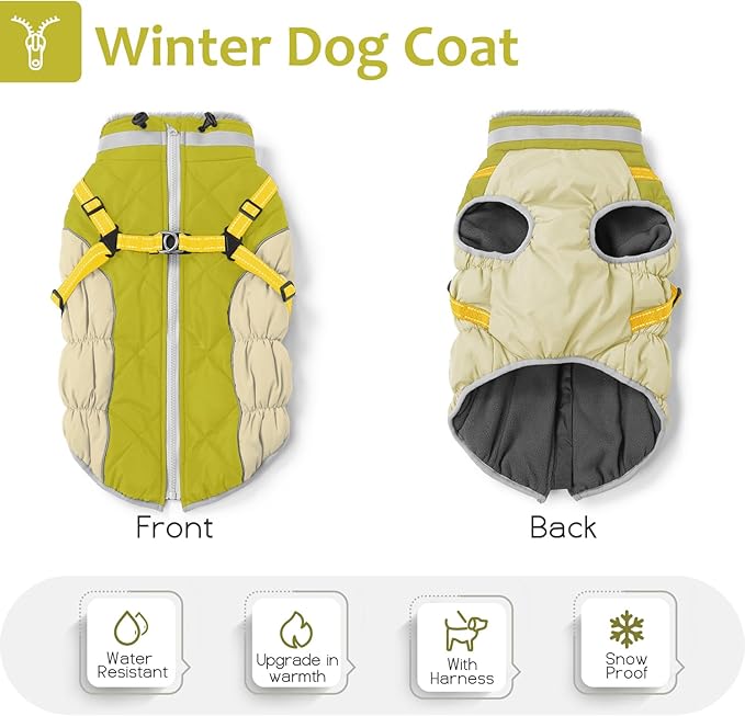 Dog Winter Coat with Harness, Dog Jacket, Pet Clothes with Zipper on Back, Waterproof Windproof Warm Vest, Reflective Cold Weather Coats, for Small Medium Large Dogs, Thick, Green, 2XL