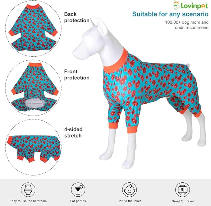 LovinPet Dog Clothes for Large Size Dog Boy, Anti Licking Bodysuit, Pajamas for Pitbulls, Pajamas for Large Dogs, Post Surgery,Tretchy Skin-Friendly Fabric,Mint & Dark Coral Floral Print, Medium