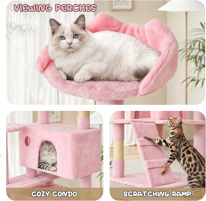 MoNiBloom 77 Inch Cat Tree Tower for Indoor Cats Large Adults, Tall Cat Tower with Scratching Post, Multi-Level Furniture Activity Center with Cat Condo Pet Play House, Soft Pink