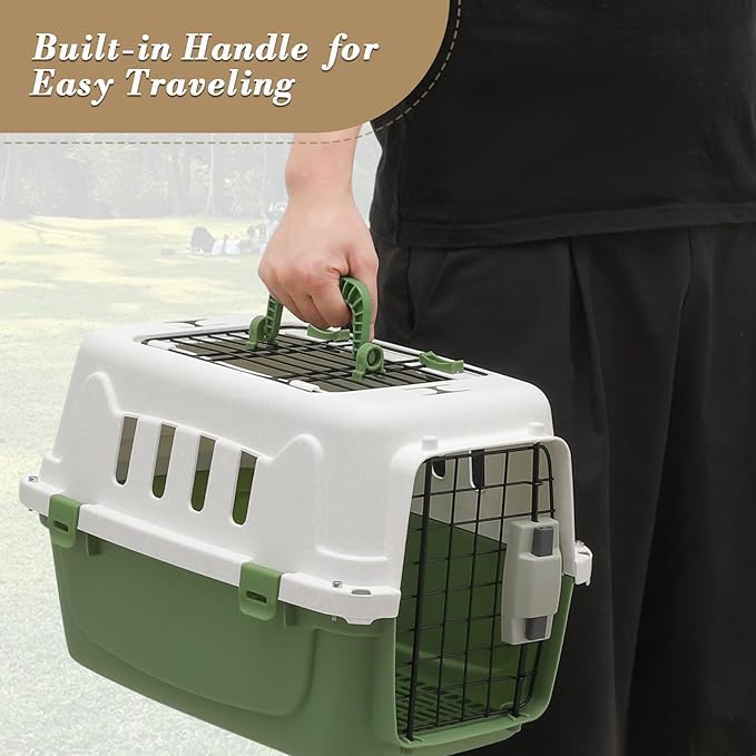 Athena Collection 18" Hard-Sided Travel Pet Carrier for Small Dogs and Cats, Plastic Dog Crate with 2-Door Top & Front Load, Ventilation, Security Lock, Cat Dog Carrier for Pet, up to 10lbs, Green