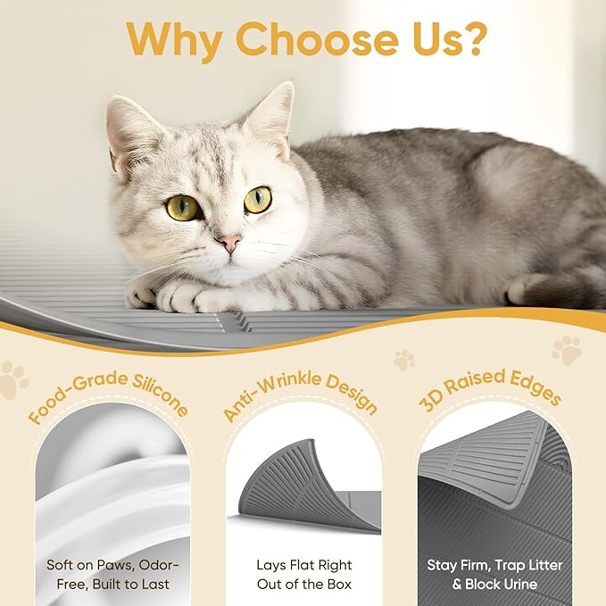 TRZZ XXL Extra Large Cat Litter Mat, Silicone Litter Box Mat for Floor, Waterproof & Non-Slip, Easy to Clean, Cat Litter Trapping Mat & Kitty Litter Catcher for Scatter Control (Gray)