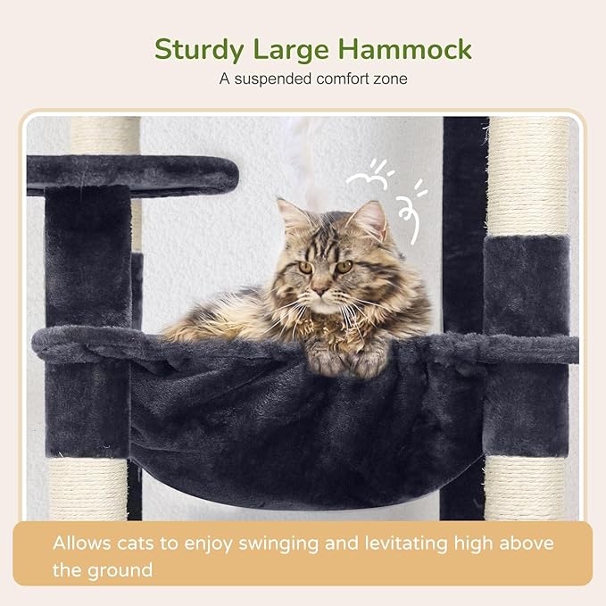 Globlazer Cat Tree Tower with Scratching Post for Indoor Cats, 53inch Tall Plush Multi-Level Cat Climbing Tower Condo House with Large Hammock, Spacious Cat Condo, Big Padded Top Perch, F53, Dark Gray