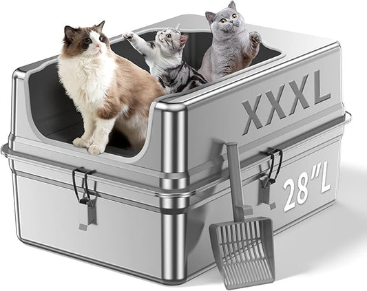 XXXL Stainless Steel Litter Box,28"L*20"W*12.5"H Large Capacity Metal Cat Litter Box for Big & Multiple Cats,Anti-Leakage,Non-Stick Surface for Easy Cleaning,Odor-Resistant,Scratch-Resistant