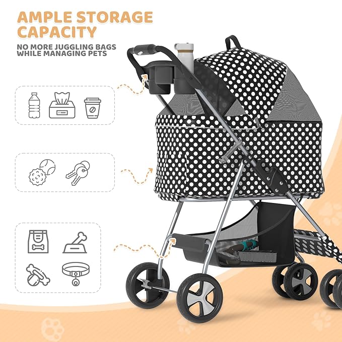 Magshion Foldable Pet Stroller, 3-in-1 Dog Travel Jogger with Detachable Carrier, Cup Holder, Storage Basket, Folding Carrier for Small/Medium Dogs & Cats Up to 33 lbs, Black Polka Dots