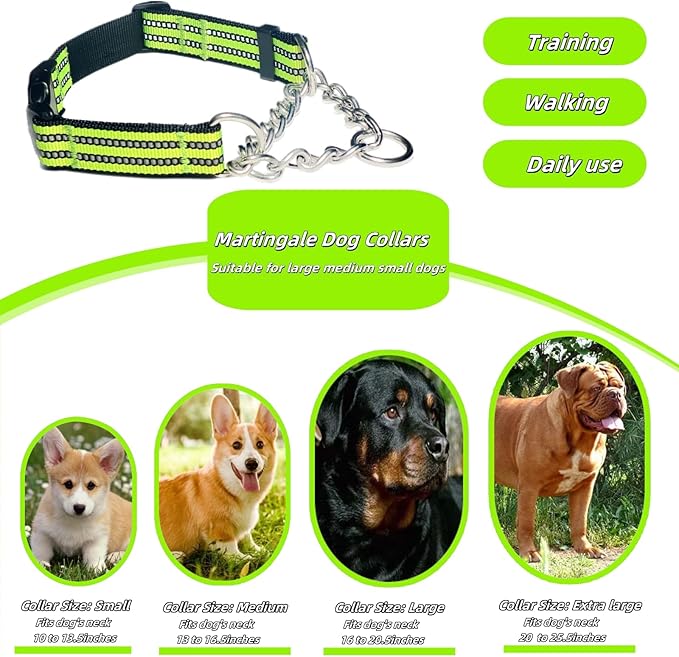 Martingale Dog Collars, Reflective Nylon Collar with Stainless Steel Chain, Adjustable Walking Training Dog Collars with Quick Release Buckle, Suitable for Small Medium Large Dogs(Green,M)