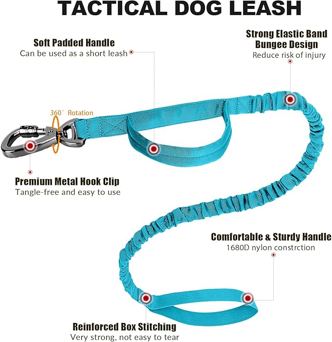 Tactical Dog Collar and Bungee Leash,Military Dog Collar & Leash Set with USA American Flag Adjustable K9 Collar with Heavy Duty Metal Buckle & Handle,with Patches and Airtags Case (Light Blue, XL)
