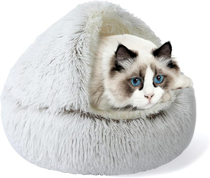 Round Plush Hooded Cat Bed, Cozy Nest Dog Beds, Cats Bed Calming Puppy Doughnut Beds with Cover Cave, Anti-Slip Bottom Washable Pets Sleeping Bag (White, 2XL, 39.4×39.4Inch)