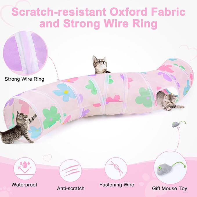 Glittme Cat Tunnel, Cat Tunnels for Indoor Cats, S-Shape Cats Cave with Cat Toys, Foldable Cat Tubes and Tunnels for Cats, Rabbit, Puppy, Guinea Pig