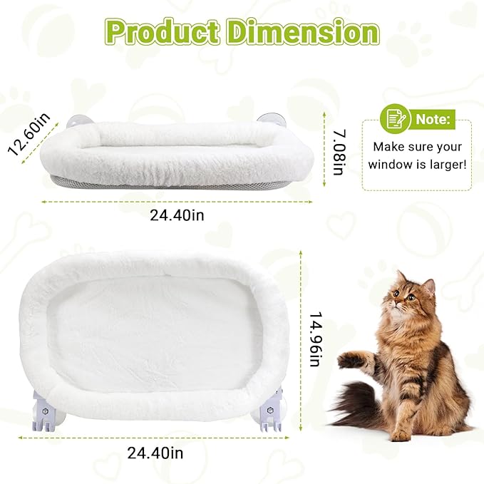 Cordless Cat Window Perch, Foldable Cats Hammock Window Bed with Metal Frame, Soft Cover, Large Suction Cups, Indoor Kitten Window Resting Seat, White
