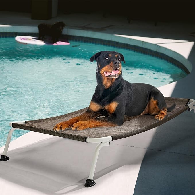 Veehoo Elevated Dog Bed for Outdoor, Cooling Waterproof Raised Dog Cots Beds XL, Curved Off Ground Pet Hammock Cot Lifted for Outside, up to 150lbs, White Legs, Brown 49"